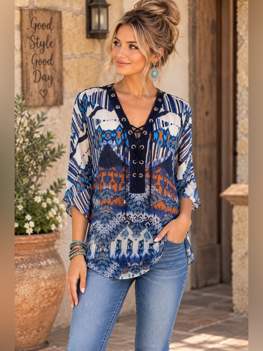 Reba Boho Tunic M Blue Orange Geometric Sheer Lace Up Crochet Top